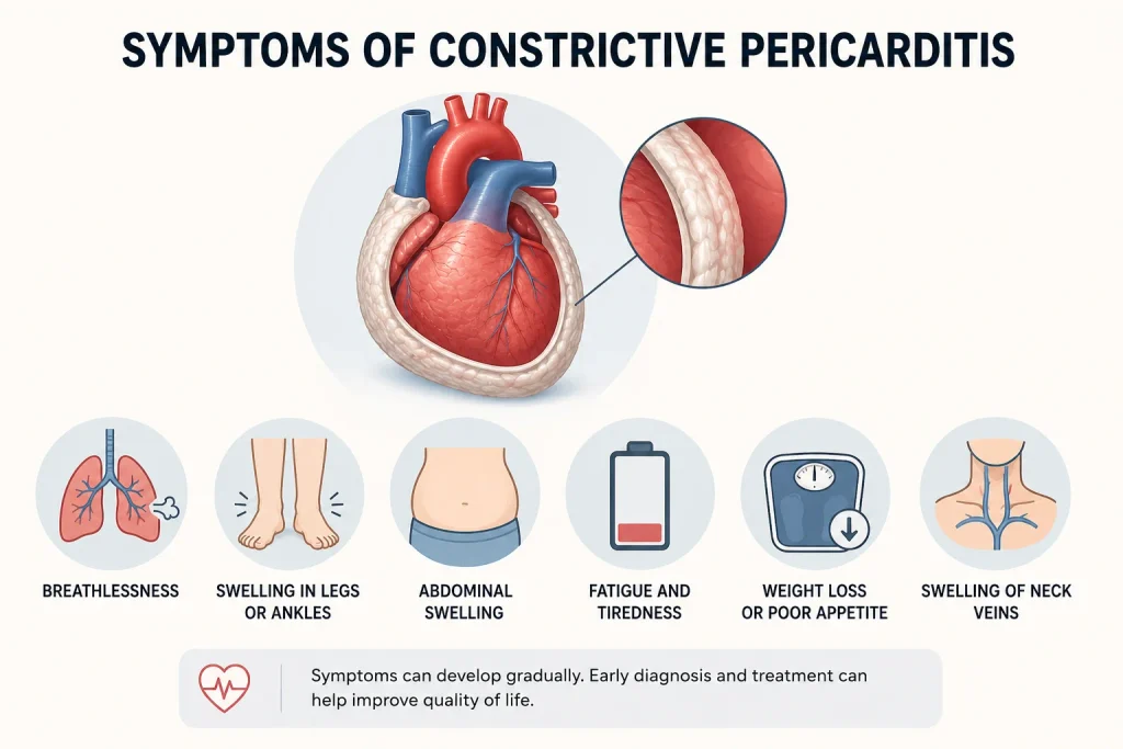 Constrictive pericarditis symptoms including breathlessness, leg swelling, abdominal swelling and fatigue