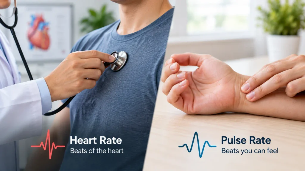 Alt: Pulse deficit showing the difference between heart rate and pulse rate, 90 counted at the chest and 72 felt at the wrist
