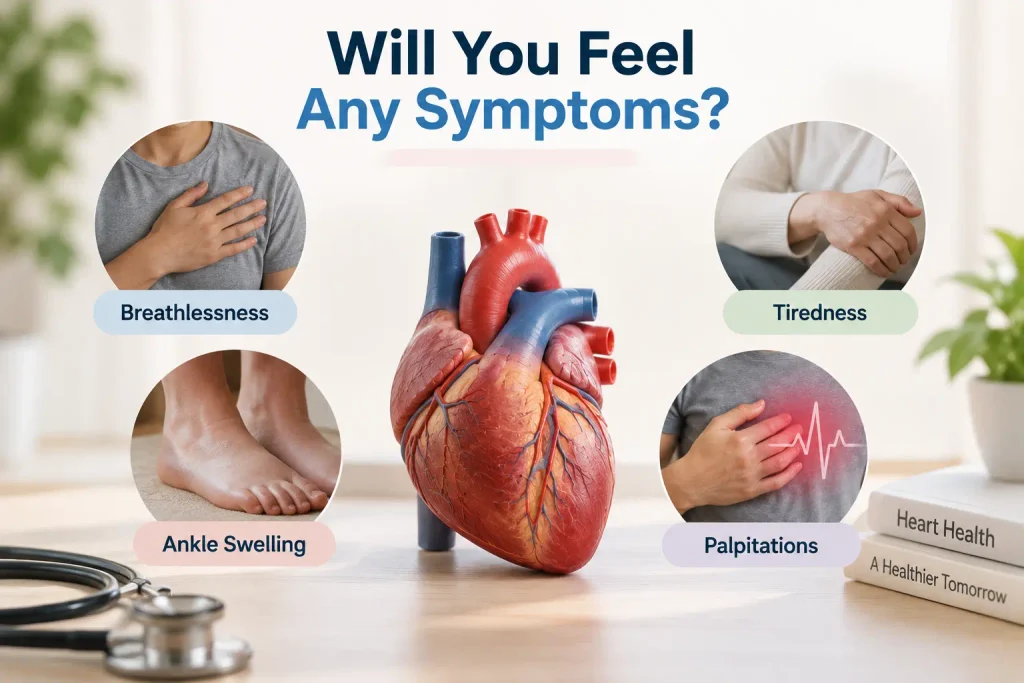 Symptoms that may occur with diastolic dysfunction, including breathlessness and tiredness