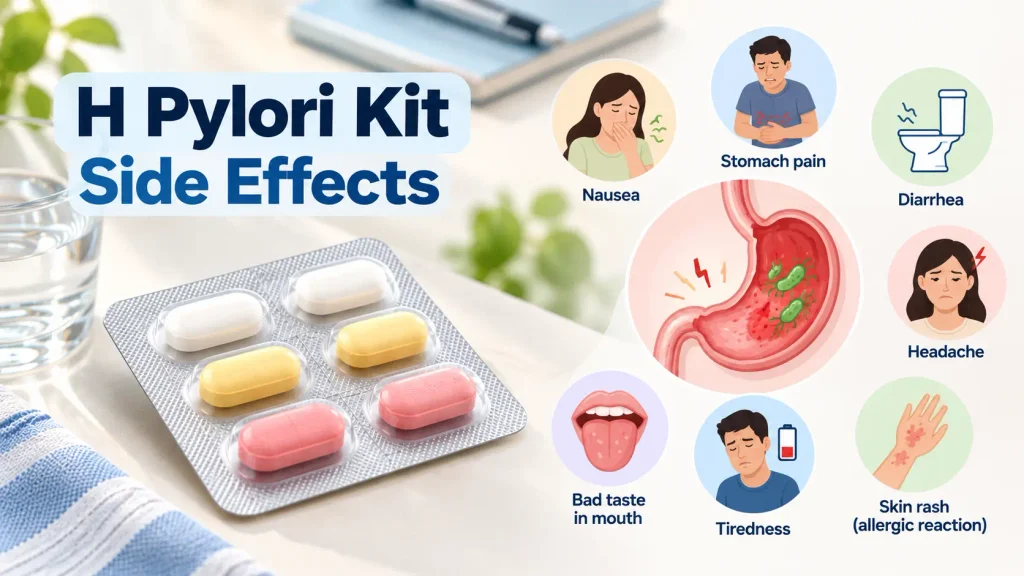 H pylori kit side effects including nausea, stomach pain and diarrhea