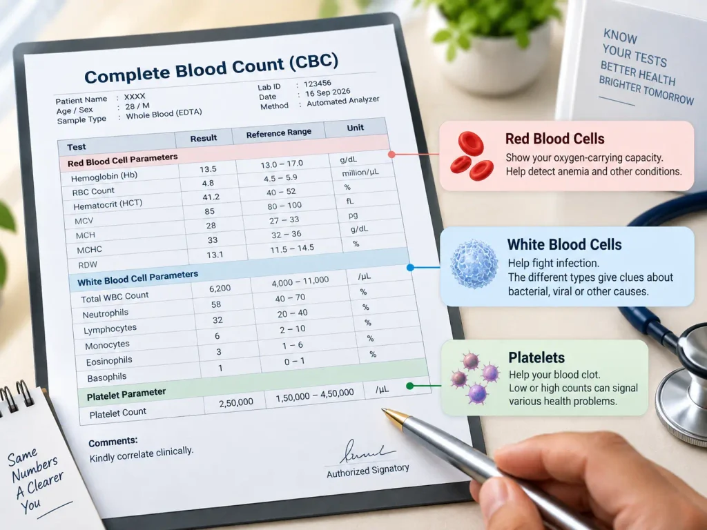 How to read a CBC blood test report with RBC WBC and platelet results