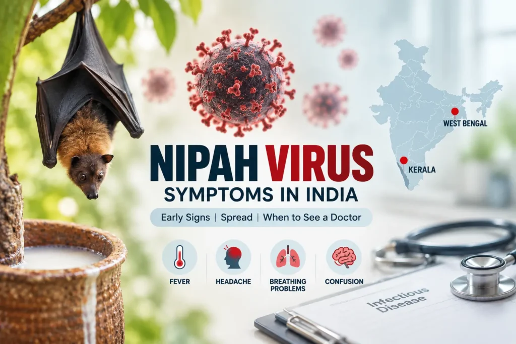 Nipah virus symptoms in India including fever, headache, breathing problems and confusion