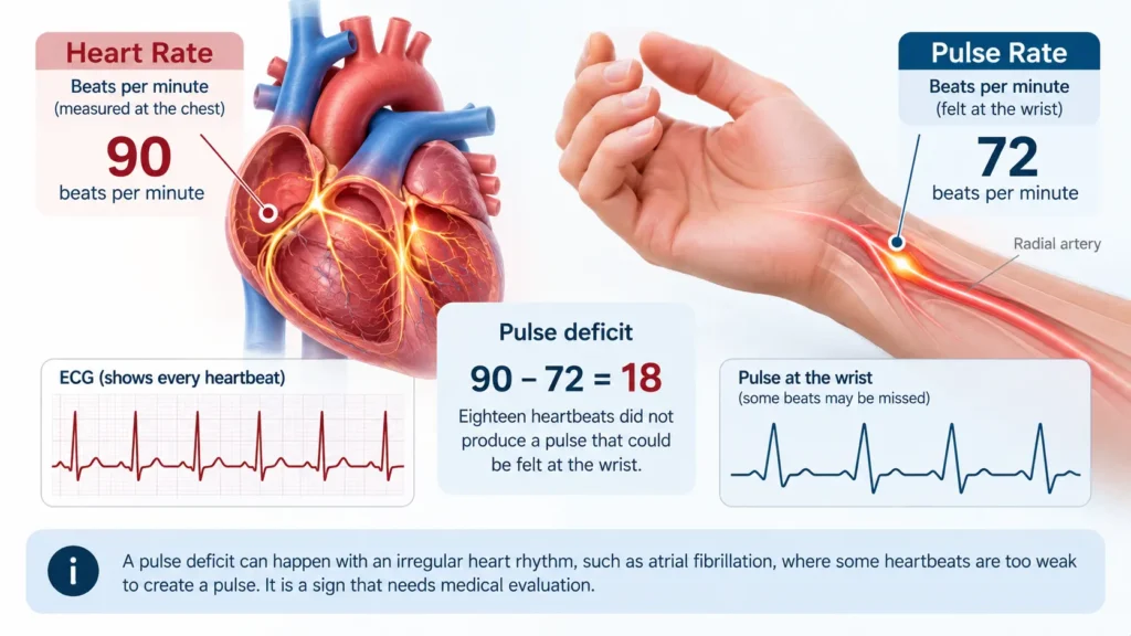 Pulse deficit showing the difference between heart rate and pulse rate, 90 beats counted at the chest and 72 felt at the wrist