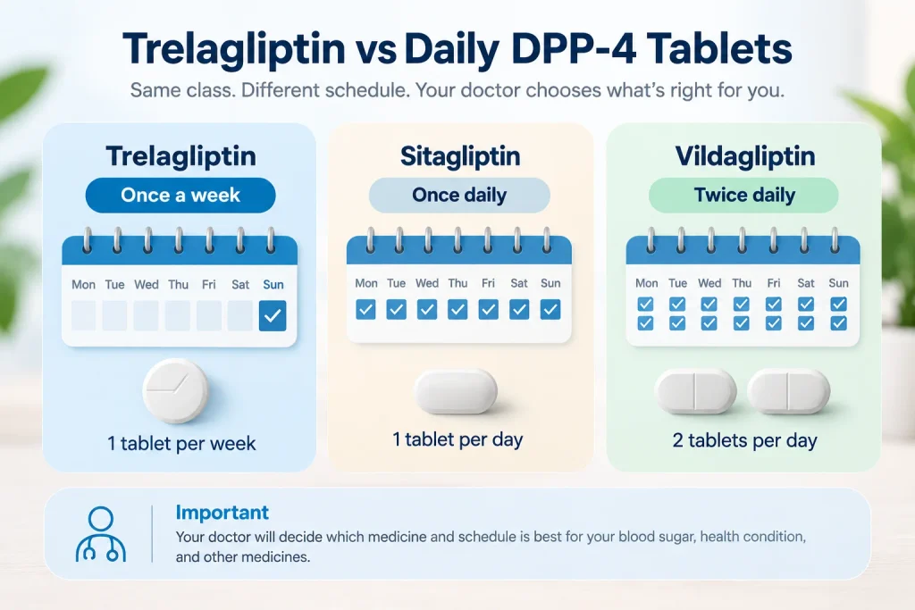 Trelagliptin 100mg once-weekly schedule compared with daily sitagliptin and twice-daily vildagliptin