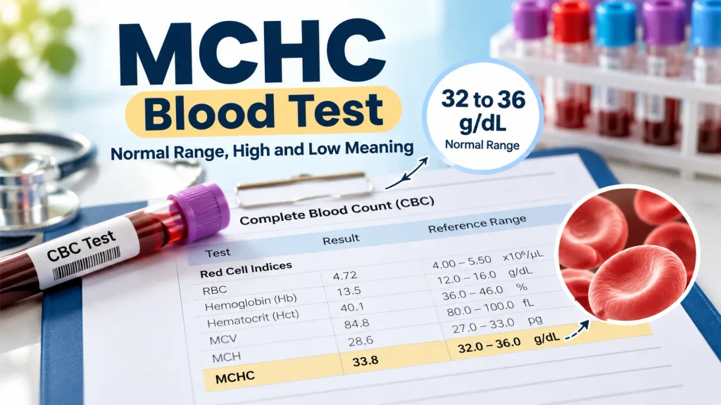 MCHC blood test normal range of 32 to 36 g/dL with CBC report illustration.