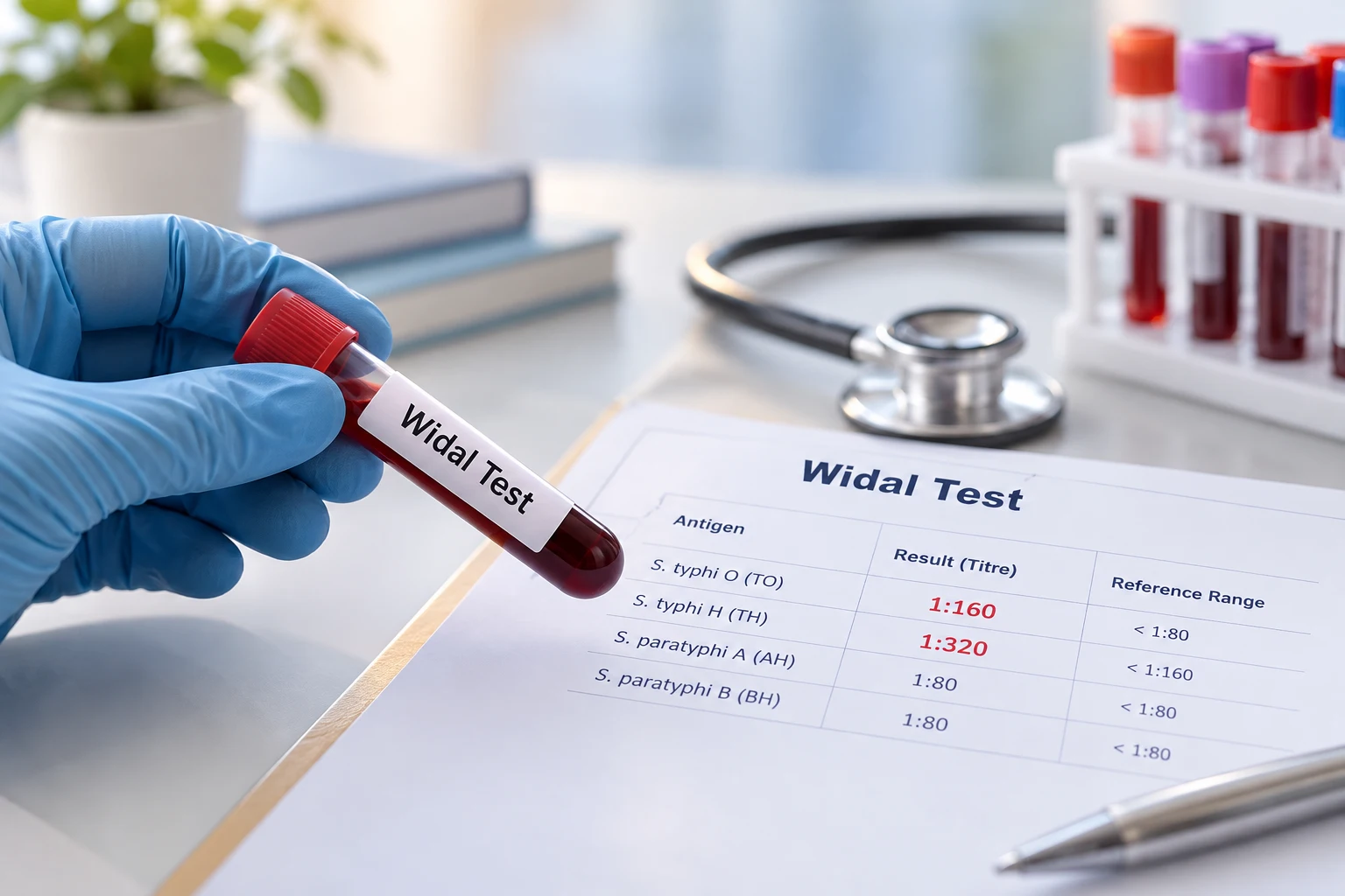 Widal test positive report showing O and H antibody titres such as 1:80 and 1:160