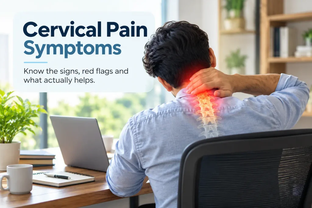 Cervical pain symptoms showing neck pain and cervical spine discomfort