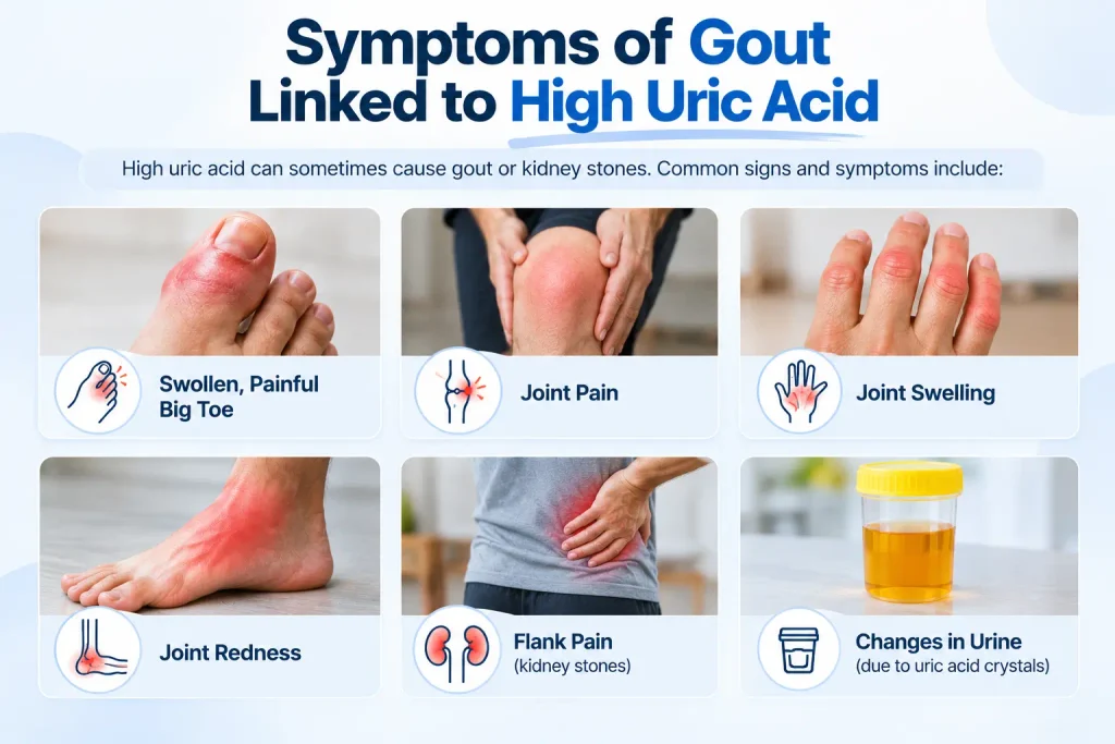 **Alt Text:** What level of uric acid is dangerous and symptoms linked to gout, including a swollen big toe and joint pain