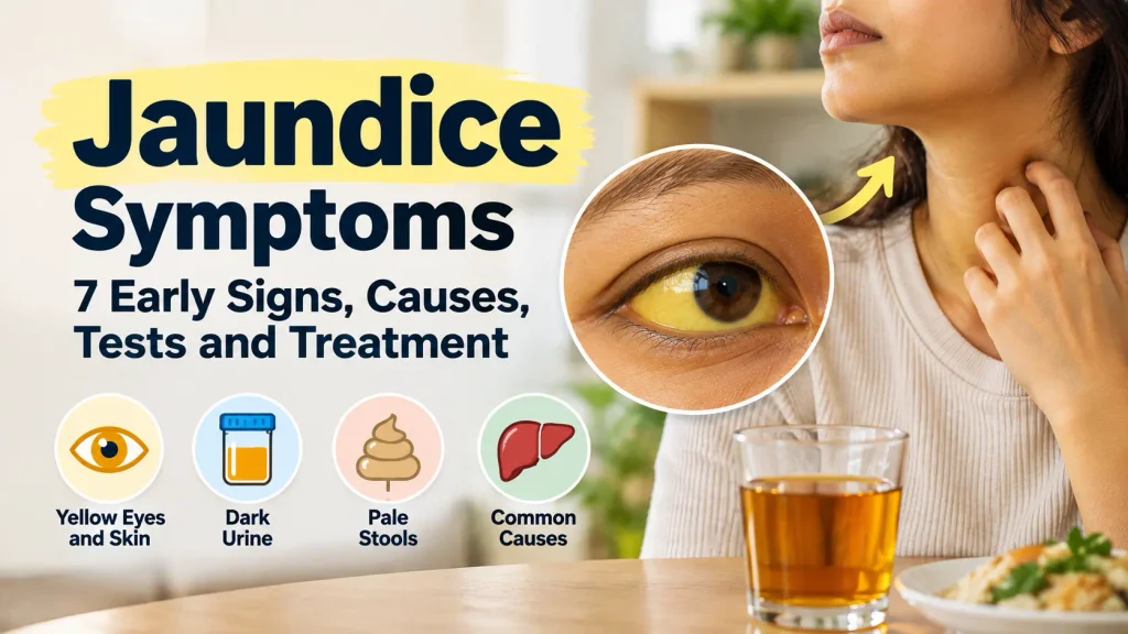 Jaundice symptoms including yellow eyes, dark urine and pale stools