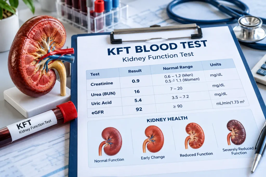 KFT blood test kidney function test chart showing creatinine urea and eGFR