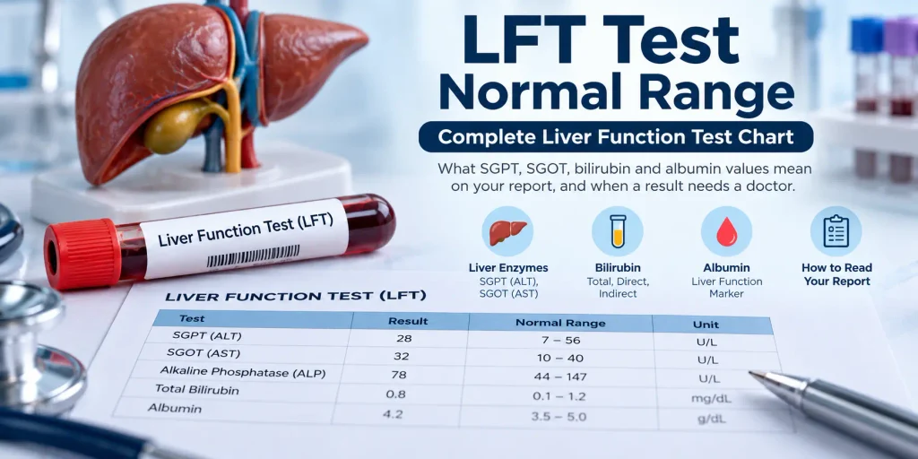 LFT test normal range chart showing SGPT, SGOT, bilirubin and albumin values