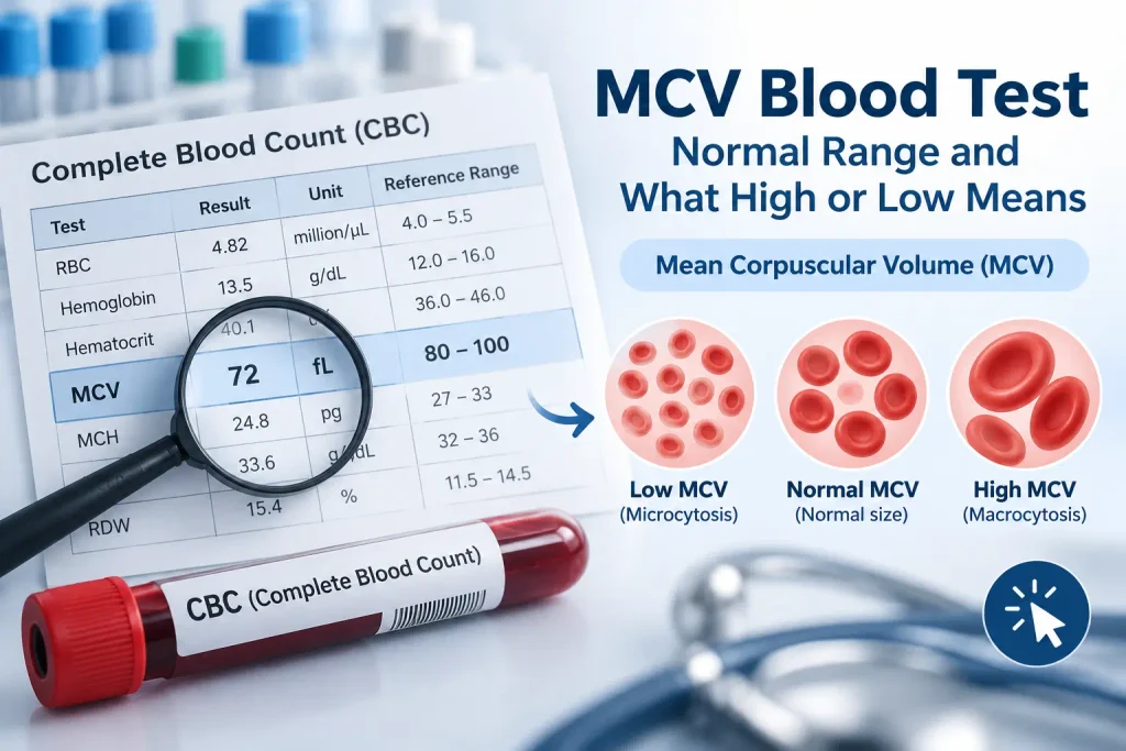 MCV blood test normal range showing low, normal and high red blood cell sizes