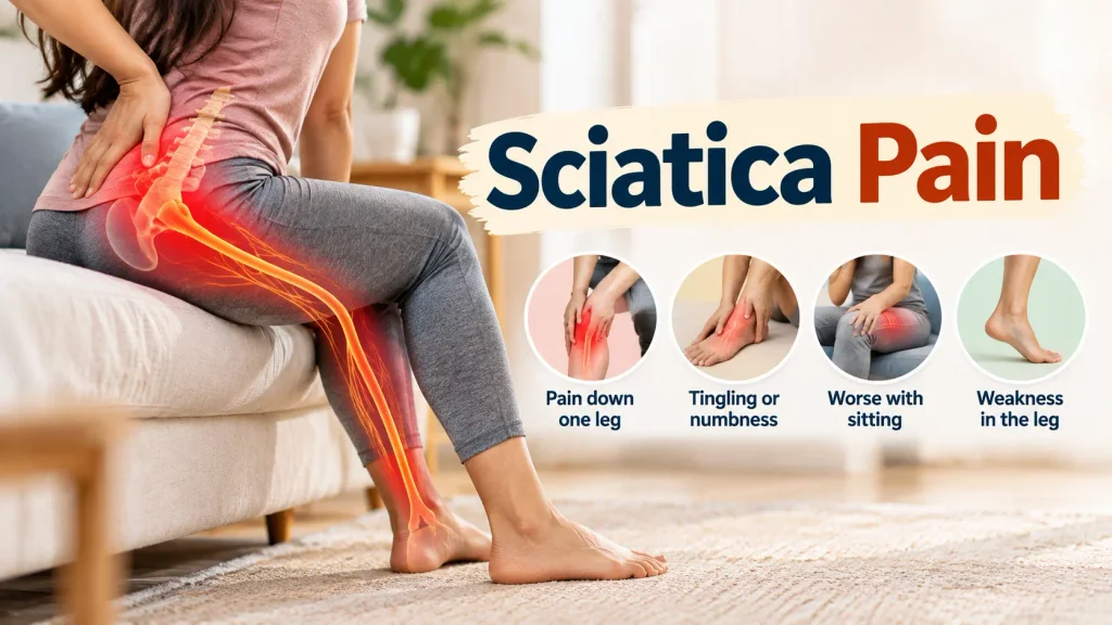 Sciatica pain symptoms including leg pain, tingling, numbness and leg weakness