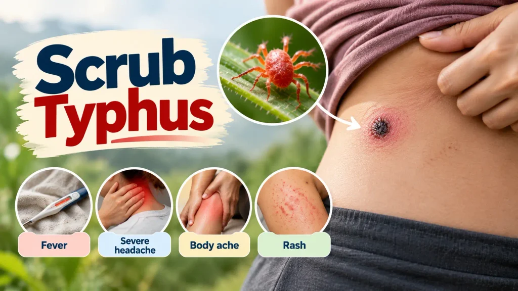Scrub typhus symptoms including fever, severe headache, body ache and rash