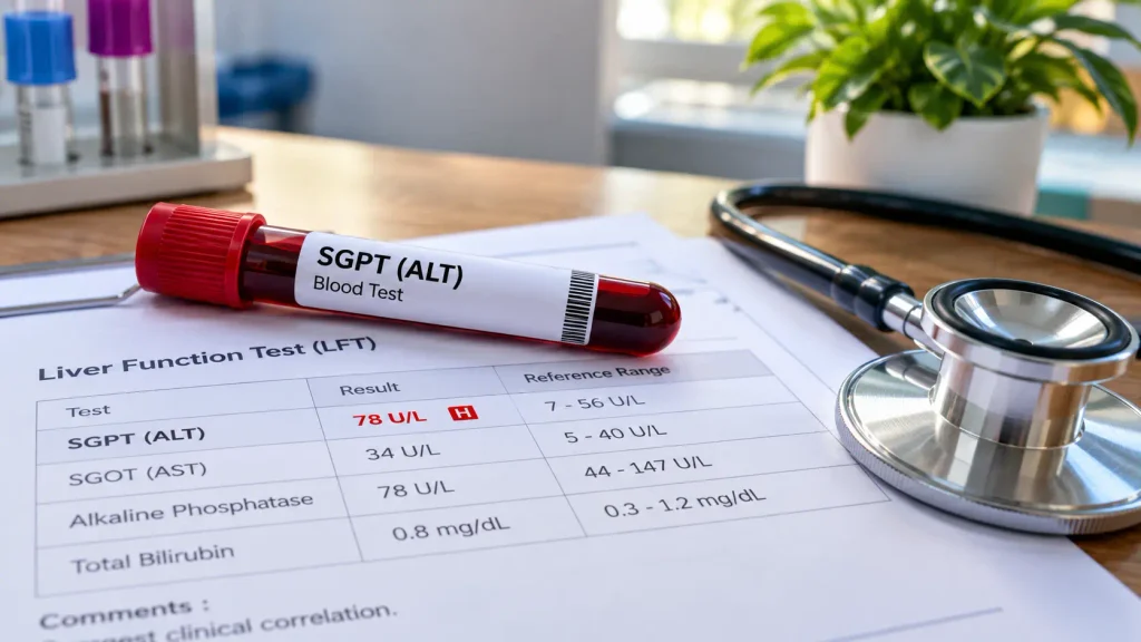 SGPT test blood sample and liver function test report showing a high ALT result