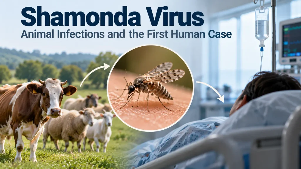 Shamonda virus article illustration showing cattle and sheep on a farm alongside a faceless hospital patient