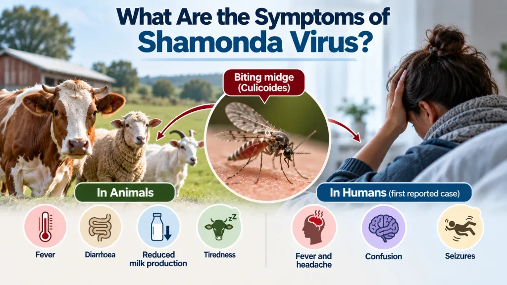 Shamonda virus symptoms in animals and humans with a biting midge (Culicoides) illustration