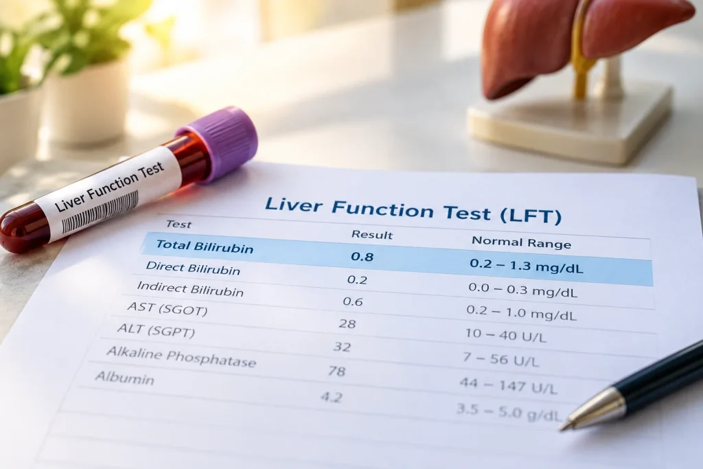 Total bilirubin normal range shown on a liver function test report