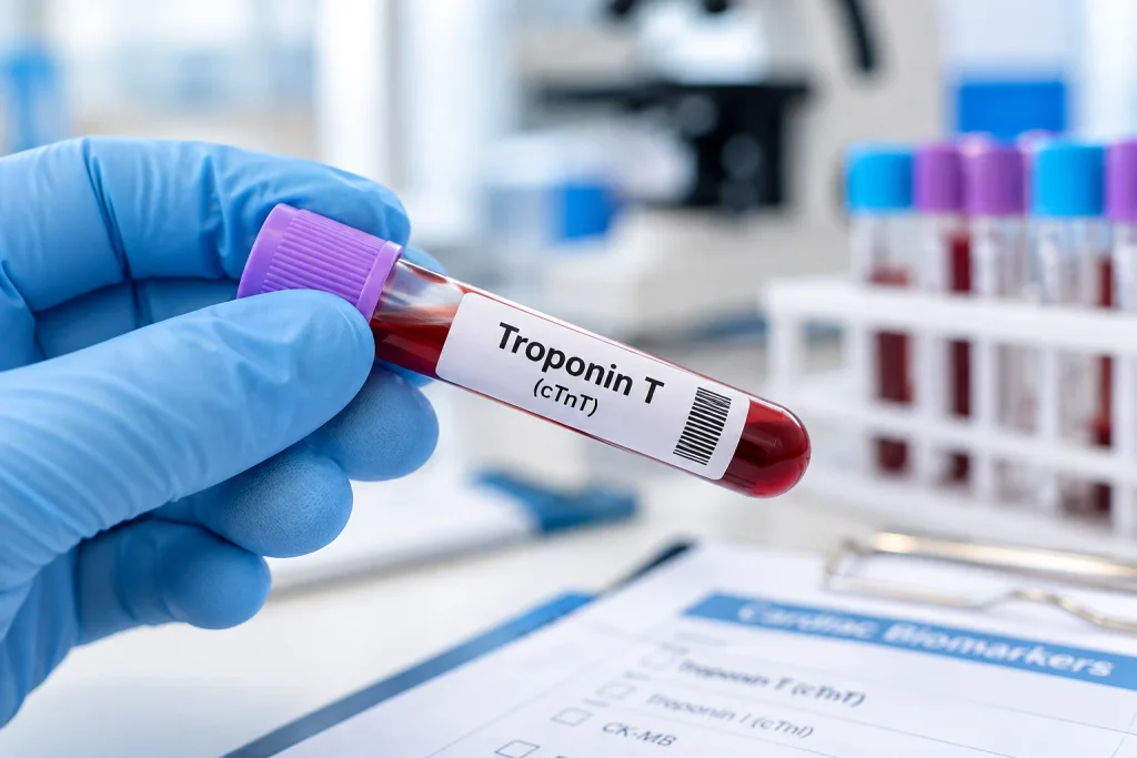 Trop T test blood sample tube used to assess heart muscle injury in a clinical laboratory