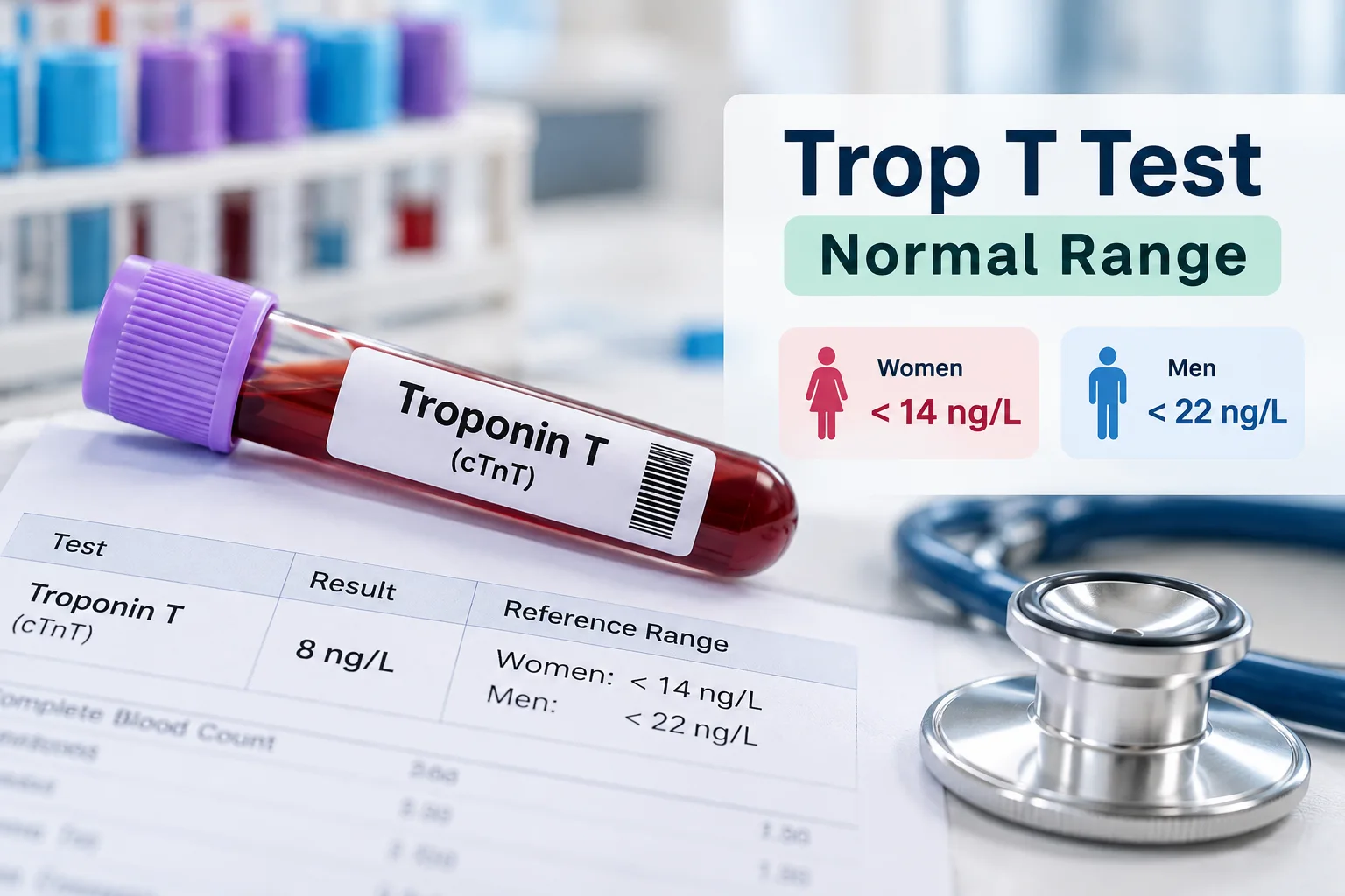 Trop T test normal range with example high-sensitivity troponin T cutoffs for women and men