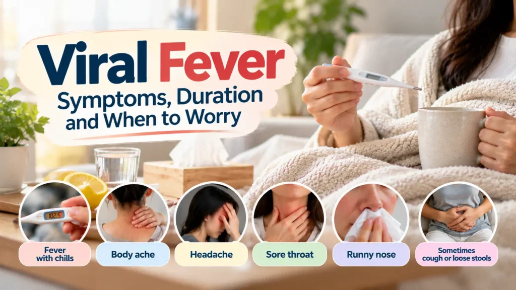 Viral fever symptoms including fever, body ache, headache, sore throat and runny nose