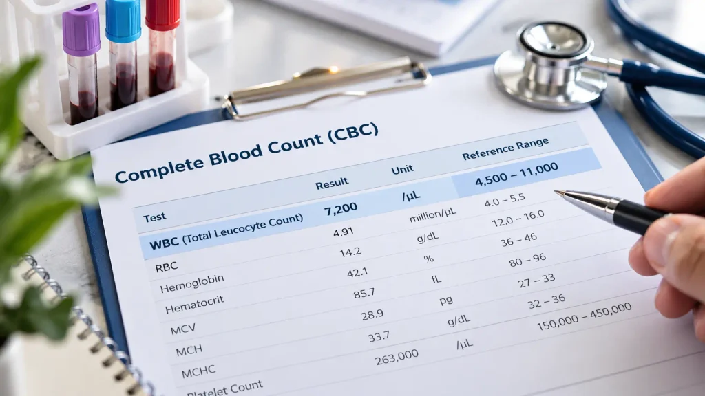 WBC normal range shown on a complete blood count CBC report