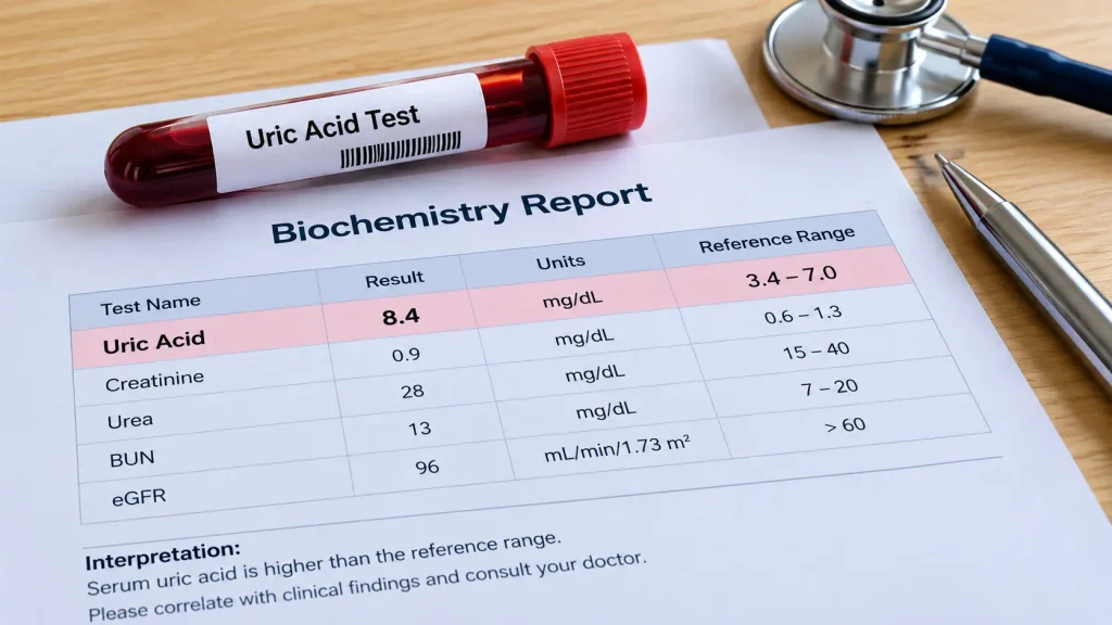 **Alt Text:** What level of uric acid is dangerous, shown in a uric acid blood test report