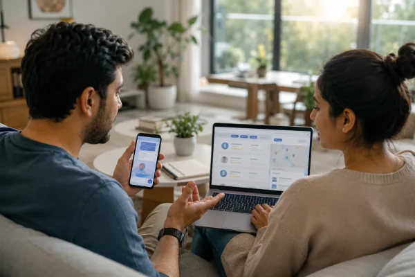 Family using AI health search and online healthcare research to learn about heart attack symptoms and find a cardiology specialist. AI Health Search and Finding the Best Cardiology Specialist