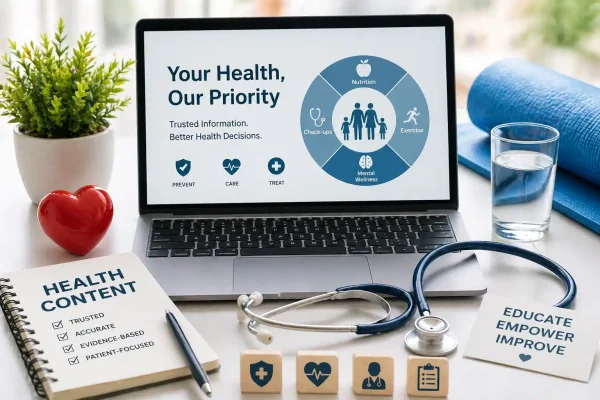 Health content medical education workspace with laptop and stethoscope