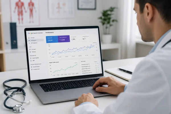 Doctor analyzing healthcare SEO performance, Google rankings, and organic traffic growth for a medical website. Healthcare SEO Growth Strategies for Clinics and Doctors