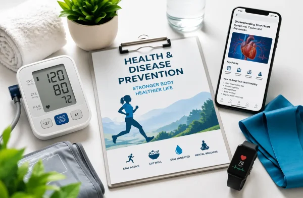 Blood pressure monitor, heart health article, and disease prevention guide promoting healthy lifestyle habits. Health and Disease Prevention Through Trusted Medical Content