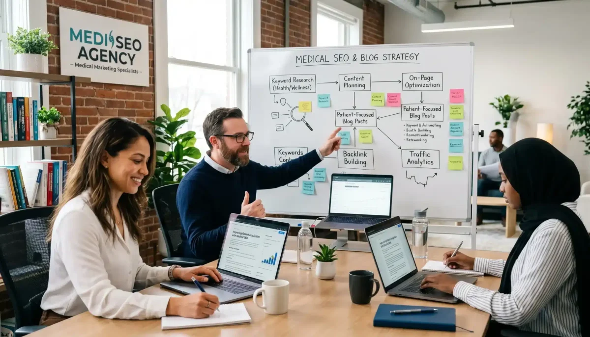 Medical SEO team planning healthcare digital marketing strategy